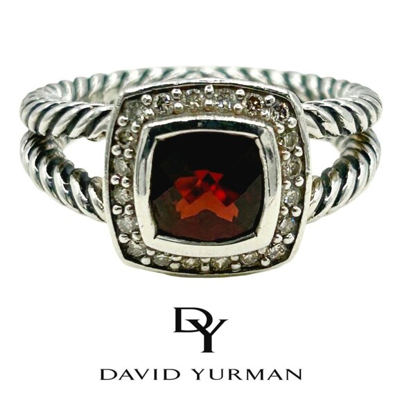David Yurman Petite Albion Ring Sterling Silver with Garnet and Diamonds, Size 7 - Picture 1 of 7